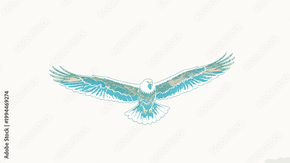 Fototapeta premium Minimalist Styled Textured Graphic Illustration of a Spread-Winged Flying Eagle Against a Soft Plain Off-White Background, Cool Teal and Gold Toned Artwork
