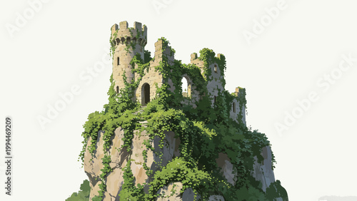 Overgrown Abandoned Stone Castle Ruins Perched Atop a Steep Rocky Cliff, Enveloped in Lush Green Ivy and Foliage in a Soft Minimalist Illustration Style