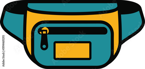 Retro Teal and Yellow Fanny Pack or Waist Bag Icon, Fashion Accessory for Travel, Festivals, and Summer Outings, Minimalist Graphic Design for Apparel, Websites, and Marketing, Nostalgic 90s Style wit