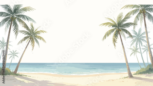 Watercolor Illustration of a Quiet Empty Tropical Beach on a Calm Bright Day, Framed by Coconut Palm Trees Along Soft Sandy Shores and a Gentle Blue Ocean