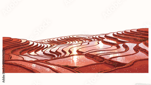 Sunlit Rainy Season Terraced Paddy Fields: Warm Rustic Digital Illustration of Curved Wet Rice Terraces Reflecting Glowing Golden Sunlight on a Hillside