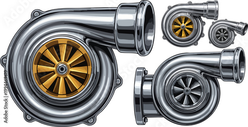 Polished chrome turbocharger vector set, metallic car engine turbo chargers with gold and silver turbine blades, automotive performance parts
