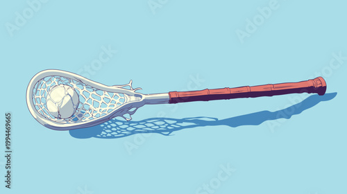 Pixelated illustration of a lacrosse stick and ball casting a shadow on a blue background