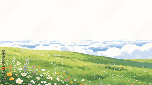 Watercolor Illustration of a Wildflower-covered Alpine Hillside Overlooking a Sea of Soft Clouds Under a Clear Pale Sky, Peaceful Spring Mountain Landscape