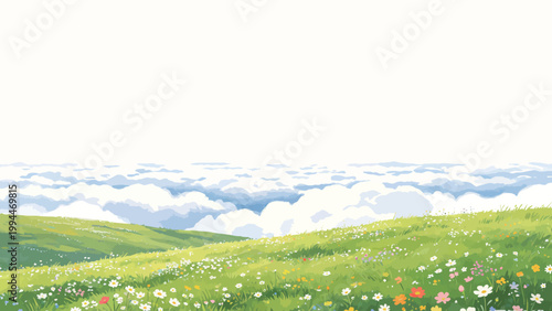 Serene illustrated high-altitude alpine meadow dotted with multicolored wildflowers overlooking a vast sea of fluffy clouds under a soft blank pale sky