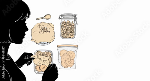illustration jarred food illustration with jars of pickled vegetables and preserved ingredients. Minimalist vector style for recipe packaging or food blog design.