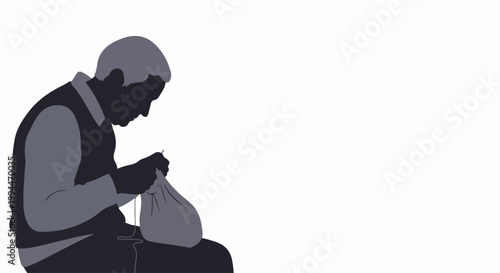 Elderly man knitting vector illustration, focused on hobby and leisure activity. Senior citizen engaged in crafting, representing a peaceful pastime.