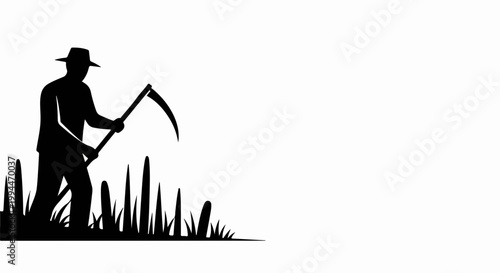 Farmer silhouette with scythe cutting grass in field, agricultural work concept. Farmer silhouette with scythe harvesting crops in rural landscape.