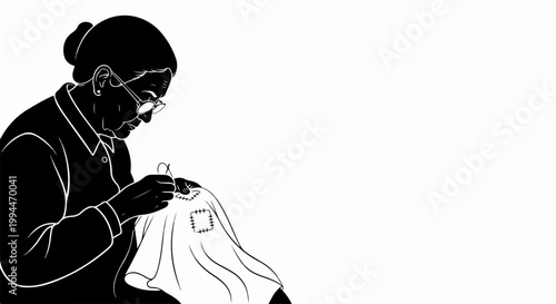 Elderly woman sewing vector illustration, skilled hands mending garment with needle and thread, traditional craft concept for textile design.