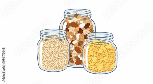 Three glass jars filled with breakfast cereal and granola for healthy eating. Cereal jars showcase variety of grains and dried fruits for morning meal.