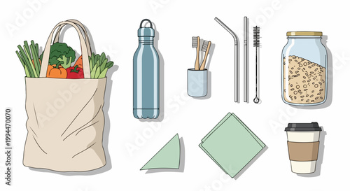 Eco friendly reusable shopping bag with fresh produce, metal water bottle, bamboo toothpicks, steel straws, cleaning brush, glass jar, cloth napkin, and coffee cup vector.