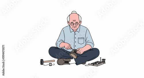 Elderly craftsman working on shoe repair with tools, vector illustration. Senior man meticulously fixing footwear, representing skilled labor and traditional craftsmanship.