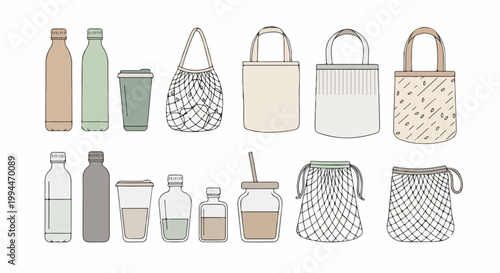 Reusable shopping bags and drink containers for sustainable lifestyle, eco friendly shopping concept, zero waste products for everyday use. digital illustration