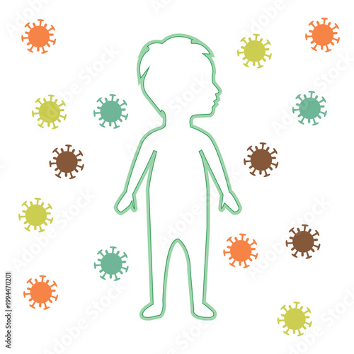 Baby outline with surrounding viruses representing infection risk