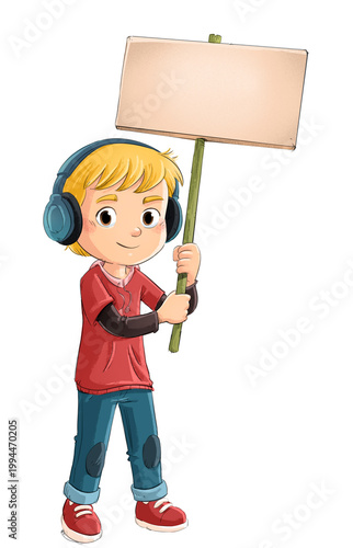 Blond boy with headphones and a banner in his hand