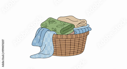 Laundry basket filled with folded clothes, clean fabric items stacked inside woven container. Household chore concept for domestic tasks and tidiness. Everyday laundry routine for home organization.