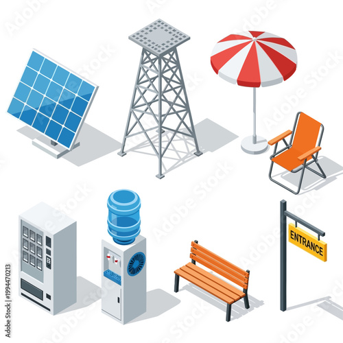 An illustration shows various outdoor objects including a solar panel, tower, umbrella, chair, vending machine, water cooler, bench, and sign.