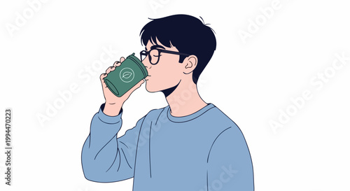 Young man with glasses drinking from a green cup, vector illustration for lifestyle and beverage concepts.