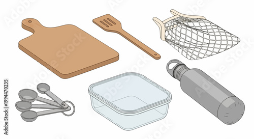 Kitchen essentials vector set with cutting board, spatula, measuring spoons, food container, reusable bag, and water bottle for eco friendly lifestyle.