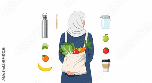 Zero waste lifestyle vector illustration with woman carrying reusable bag filled with fresh produce and eco friendly items for sustainable living.