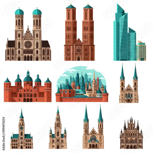 The illustration depicts various architectural buildings and structures in a cityscape with focus on towers, cathedrals, and skyscrapers.