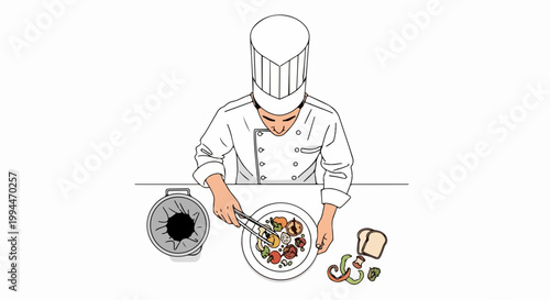 Chef plating food vector illustration, culinary art, professional cooking, restaurant service, gourmet dish presentation, food preparation, kitchen expertise, fine dining, culinary creativity,