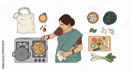 Indian woman cooking traditional food vector illustration. Woman in sari preparing meal with fresh ingredients on cutting board, stove, and reusable bag.