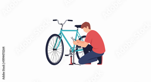 Man repairing bicycle with tools and pump, cycling maintenance concept for hobby and transport. digital illustration