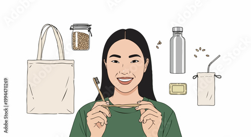 Zero waste lifestyle vector illustration with woman holding bamboo toothbrush. Zero waste concept includes reusable bag, water bottle, soap, and glass jar. Zero waste living for sustainable future.