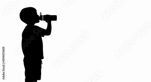 Child silhouette drinking water from bottle, vector illustration. Healthy hydration concept for kids, active lifestyle and refreshment. Vector graphic for wellness and childrens health.