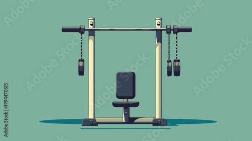 A pixelated illustration of a fitness machine with a seat, handles, and cables