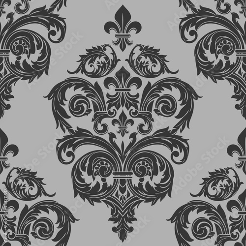Elegant Damask Pattern with Fleur de Lis and Acanthus Leaves on Grey Background