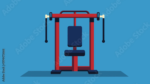 A geometric illustration of a chest fly exercise machine, red and blue against a solid blue backdrop