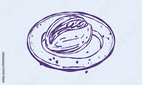 Hand drawn illustration of a fresh artisan bread loaf served on a plate. Trendy linear food element for bakery cafe menu, breakfast recipe book, or kitchen posters.