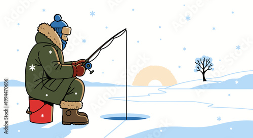 Cartoon fisherman ice fishing winter scene snowflakes sunlight vector illustration