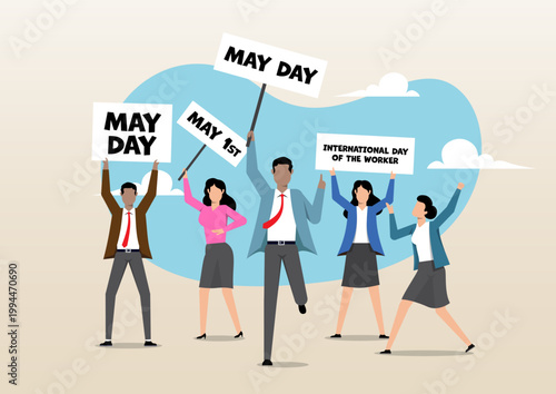 May Day Celebration Concept – Workers Protesting with Signs for International Labor Day