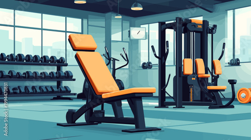Digital art image of an empty gym with workout equipment. Blue and orange tones