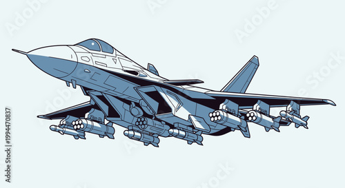 Modern jet fighter illustration with weapons isolated on a simple background