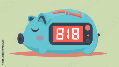 Adorable piggy bank stylized as a digital clock displaying 818 on its screen. Blue, pink, and red