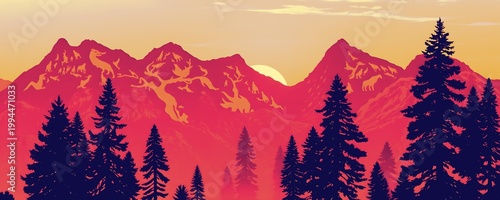 Red Sunset Mountain Landscape with Wildlife Silhouettes – Alpine Peaks, Pine Forest, Warm Gradient Sky, Scenic Nature Illustration