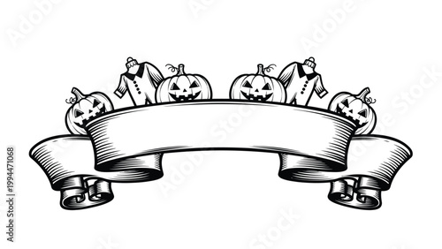 A black and white illustration of a Halloween banner with carved pumpkins and scarecrows.