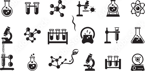 Science Laboratory Equipment and Chemical Symbols Icons Set