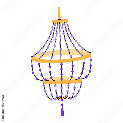 Decorative tiered chandelier adorned with multiple rows of purple beads. Colorful flat illustration of an elegant lighting fixture for palace interiors, grand halls, or vintage event invitations