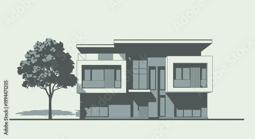 Modern architectural house design with a tree minimalist building illustration