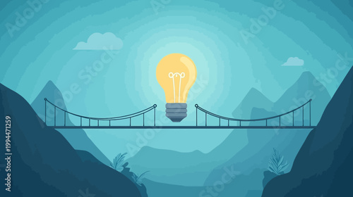 Conceptual artwork showing a bright light bulb illuminating on a bridge across a valley