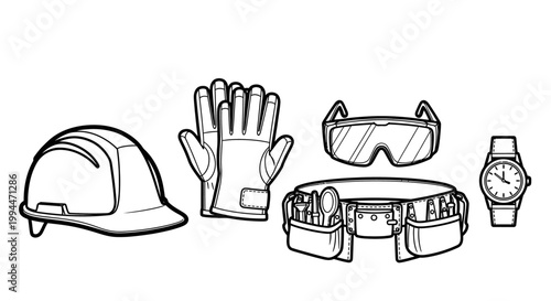 Safety equipment illustration hard hat gloves goggles and tool belt