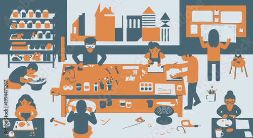 People working together at a workshop with tools and objects in illustration