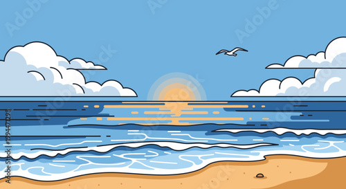 Ocean sunset illustration featuring waves clouds and a flying bird graphic