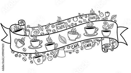 A whimsical black and white illustration of a banner filled with various coffee cups, coffee beans, and steam, perfect for cafe decor or branding.