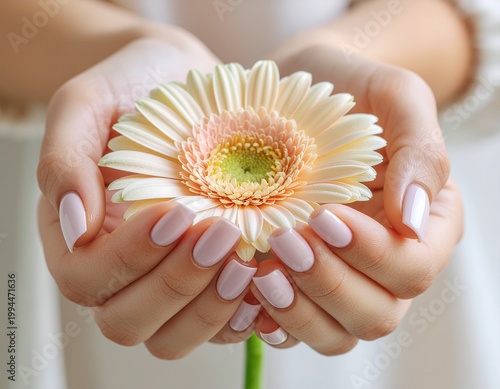 Close-up of a woman's hands holding a delicate daisy flower